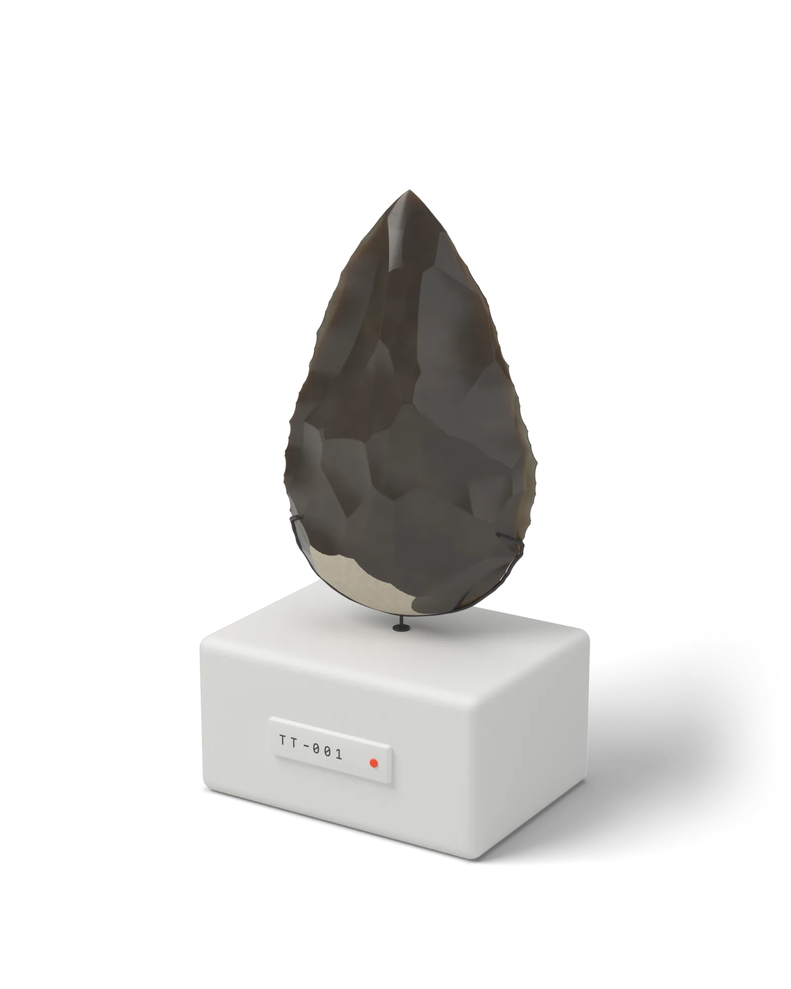 A dark flint hand-axe on a white museum plinth labelled TT-001