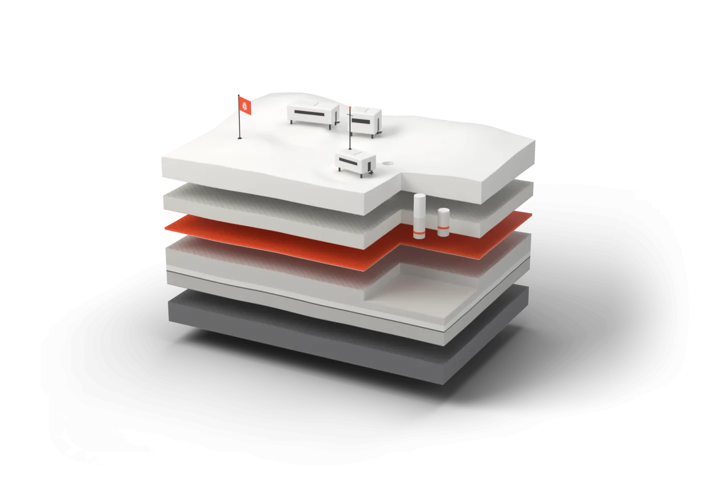 A block of white terrain separated into labelled layers, with small white outpost buildings and an orange Alterra flag on the top slab.